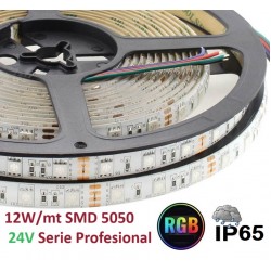 Tira LED Flexible 24V 12W/mt 60 Led/mt SMD 5050 IP65 RGB Serie Profesional, Venta por metros